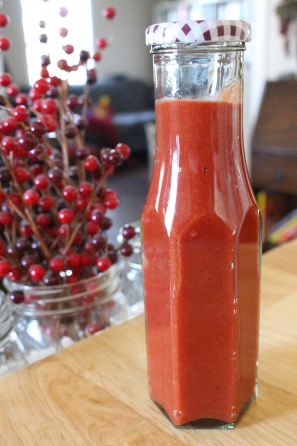 homemade ketchup in a glass bottle
