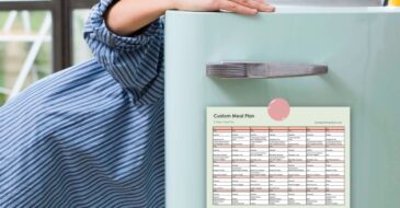 Green refrigerator door open with a woman looking inside. On the front of the door in a meal plan attached with a magnet.