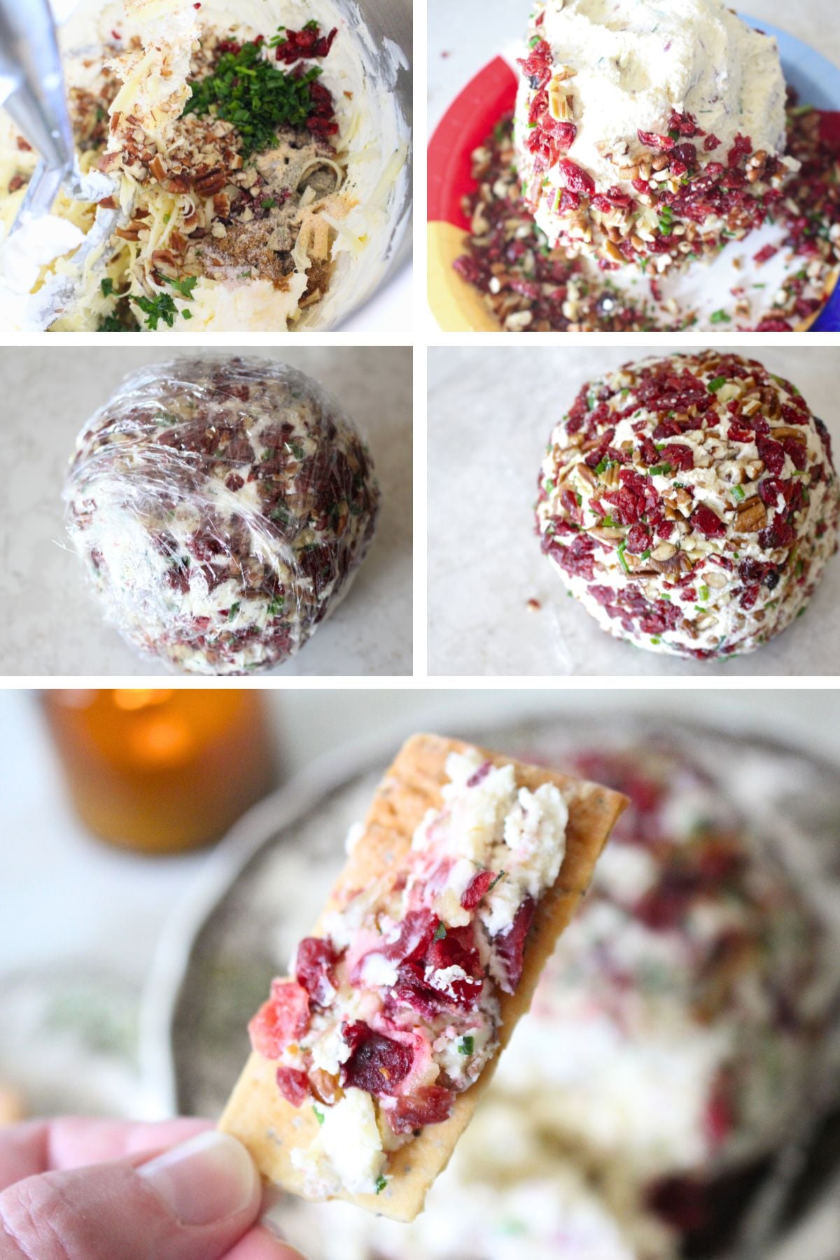 a 5 panel image of making the cranberry pecan cheese ball including mixing, shaping, coating, and enjoying the finished cheese ball.