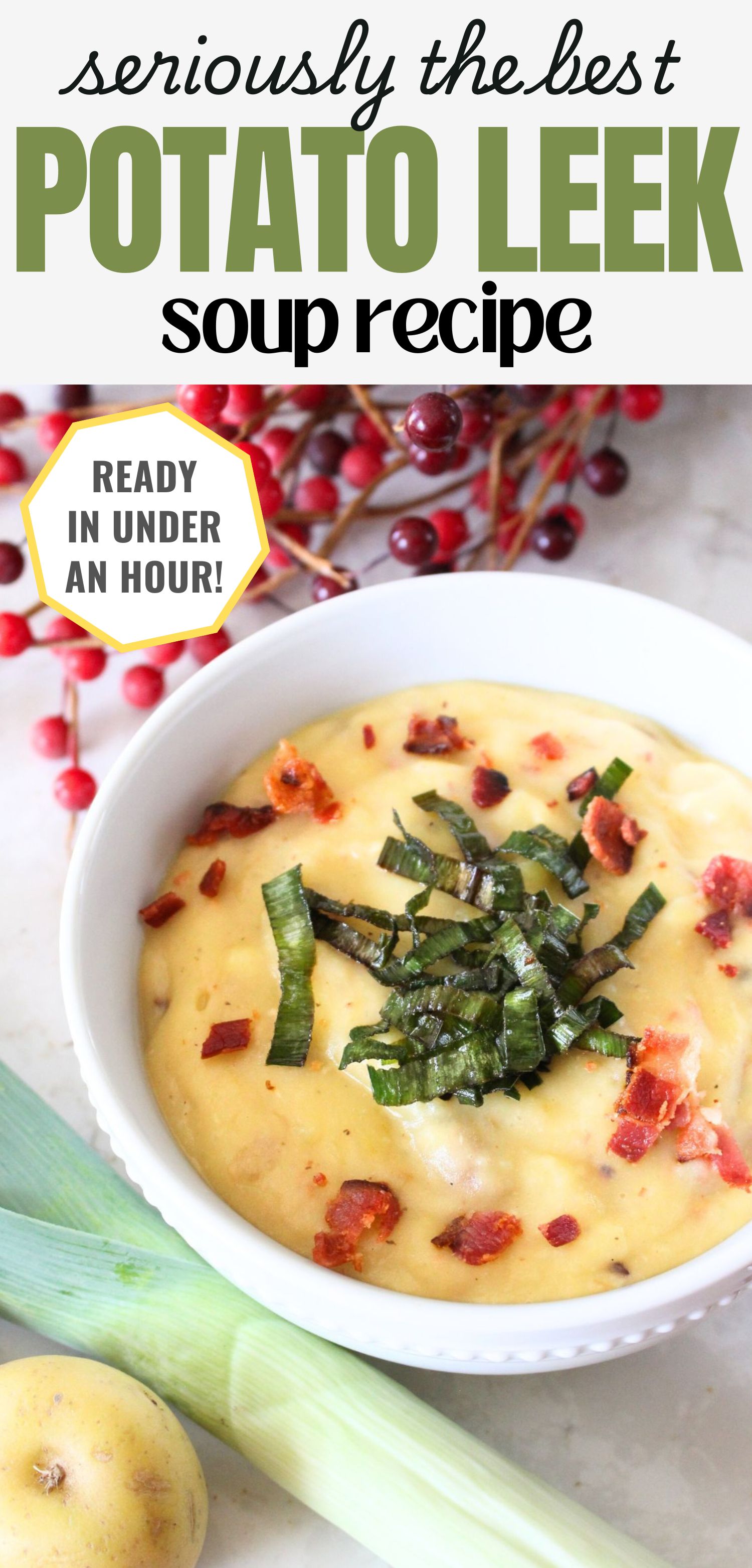 A white bowl of homemade potato leek soup, topped with bacon and fried leeks, with potatoes and leeks in the background. A text overlay reads seriously the best potato leek soup recipe, ready in under and hour!