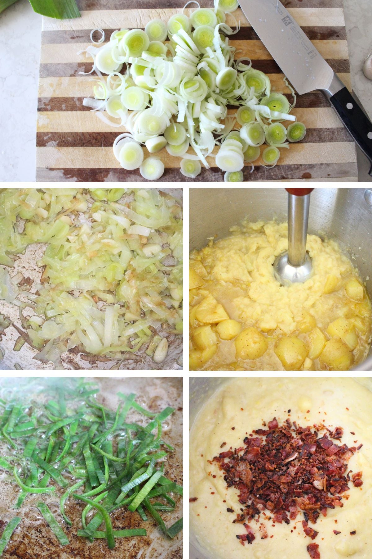 A 5 panel image showing a few of the steps for making potato leek soup, including sauteing the leeks, boiling the potatoes, blending the soup, frying the leek toppers, and mixing in the bacon.