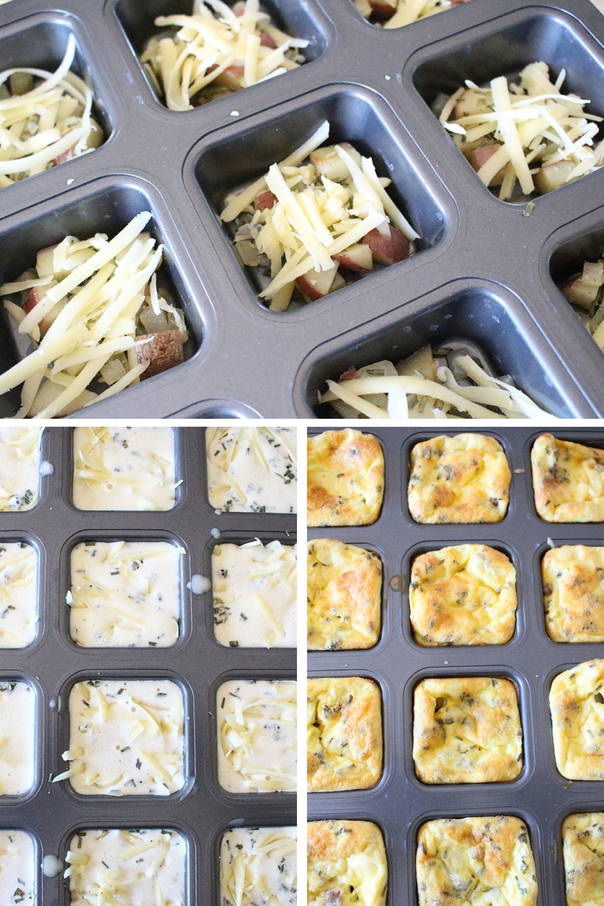 A 3 panel image showing the process of filling the pans, prepping them for baking, and the finished egg bakes ready to enjoy
