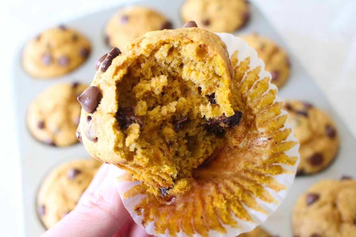 a close up view of the inside texture of the finished sweet potato muffins