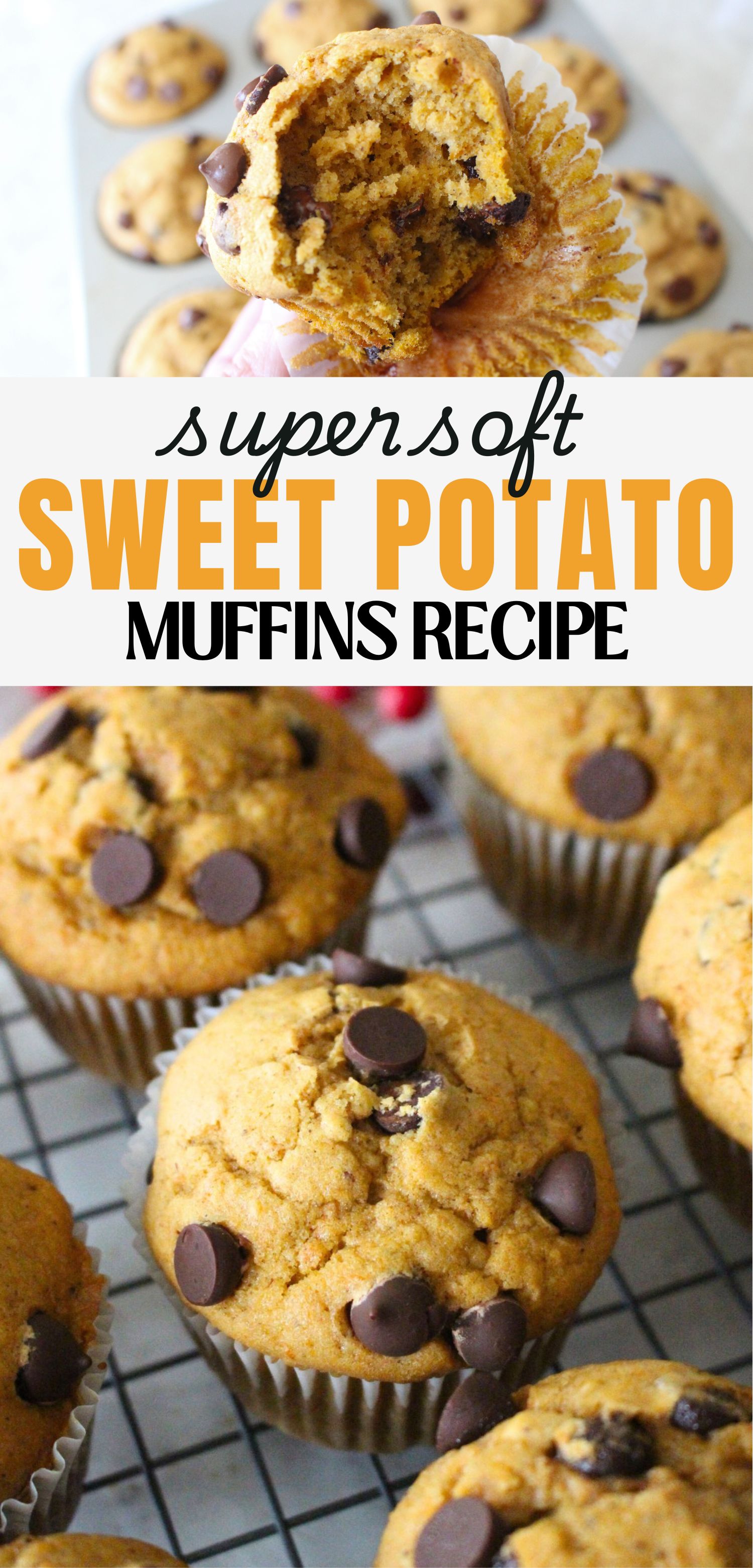 Finished sweet potato muffins topped with chocolate chips on a cooling rack, a jar of red berries in the background. A text overlay reads super soft sweet potato muffins