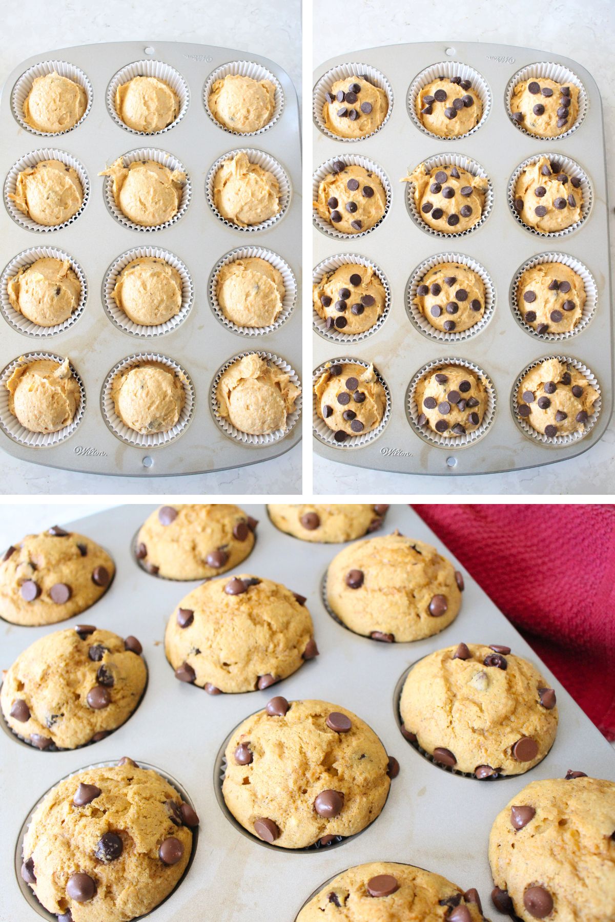 3 panel image of the batter in the muffin tins, topped with chocolate before baking, and then the finished sweet potato muffins right out of the oven.