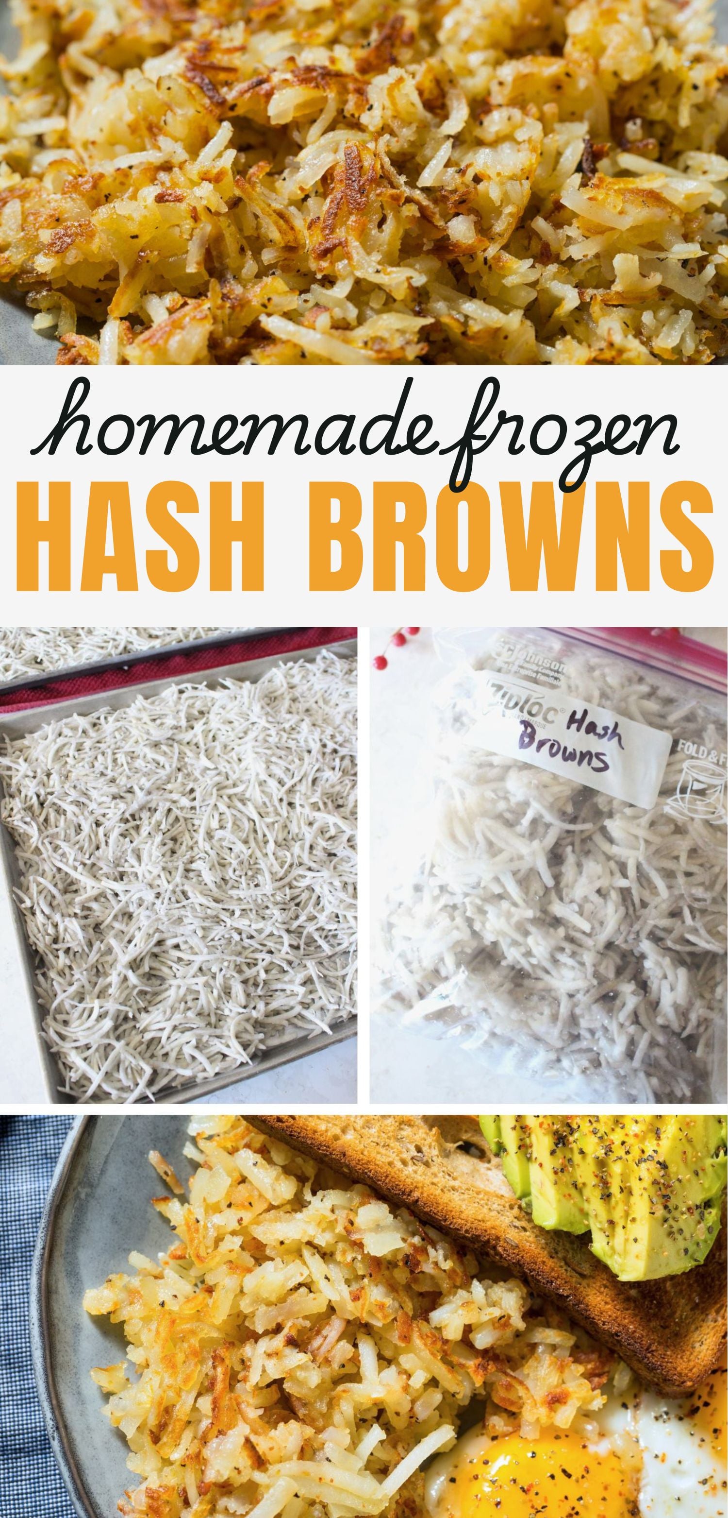 An image on the top shows a close up of the finished fried hash browns on a plate. Then a text overlay reads homemade frozen hash browns. Then the bottom image is a 3 panel image with the first image showing the hash browns after freezer, then showing them in a freezer bag with the label hash browns on the front, the final image is a plate of finished hash browns next to a fried egg and some avocado toast.