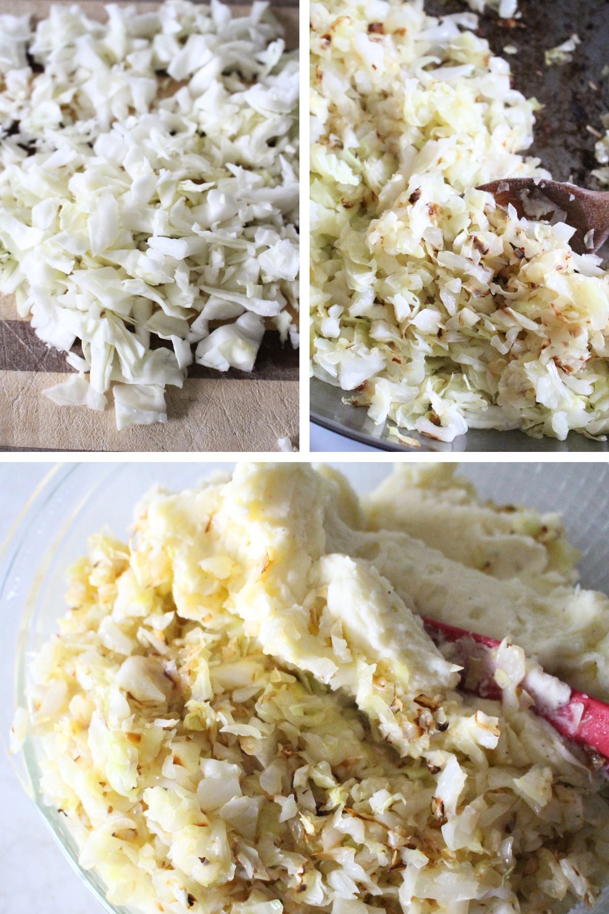 3 panel image showing how fine the cabbage needs to be cut for the colcannon potatoes, sauteing the cabbage, and then mixing the finished cabbage into the mashed potatoes