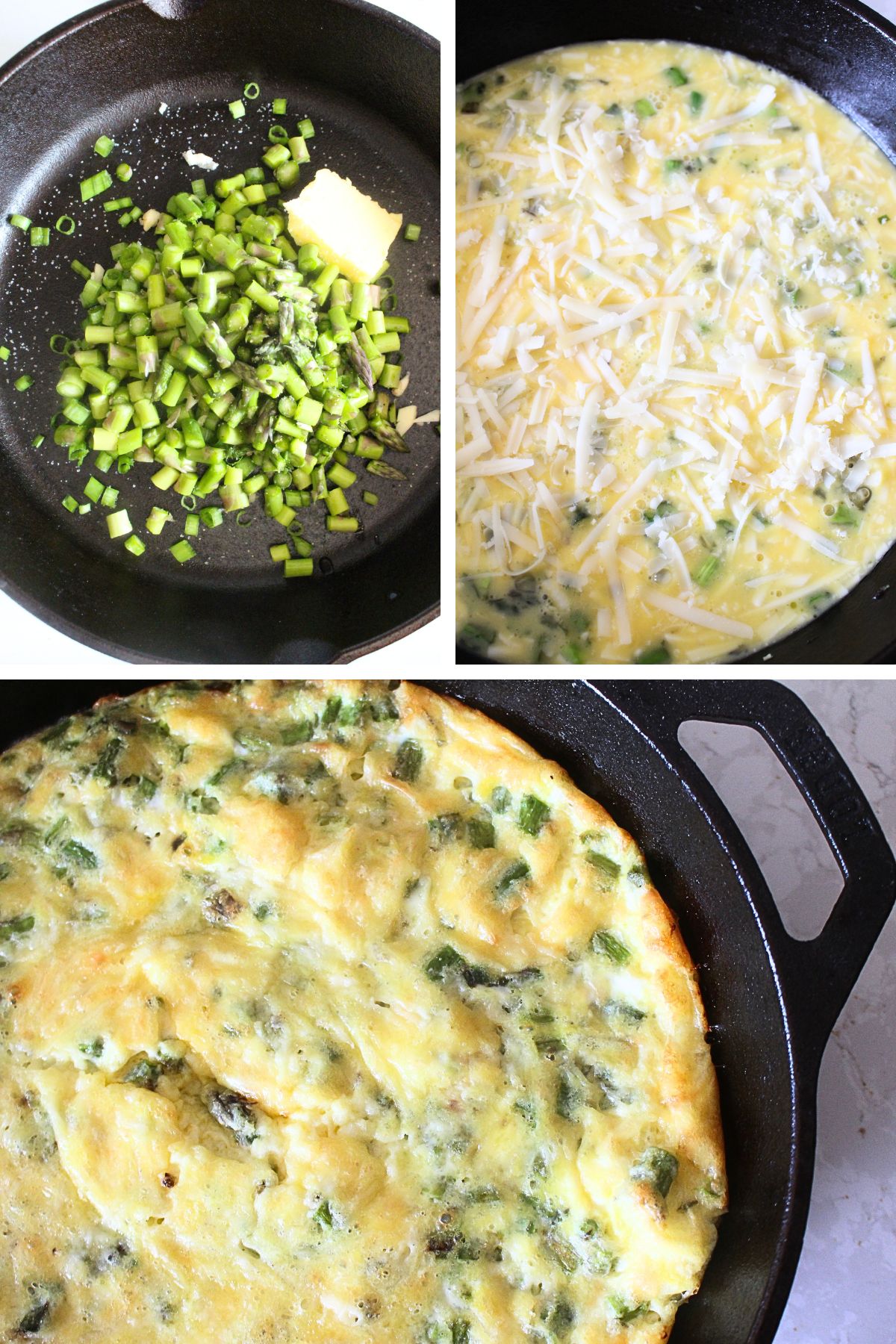 a 3-panel image showing the process for cooking this easy vegetable frittata, including sauteing the vegetables, adding the eggs and cheese, and baking it in a skillet