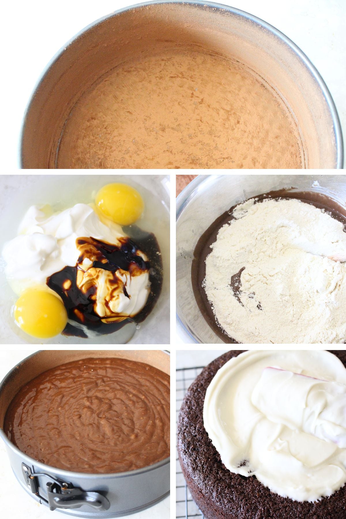 a 5 panel image showing the process for making the guinness chocolate cake, including prepping the pan, mixing the wet mix, adding the dry mix to the wet mix, the batter in the pan ready for baking, and topping the finished cake with frosting. 