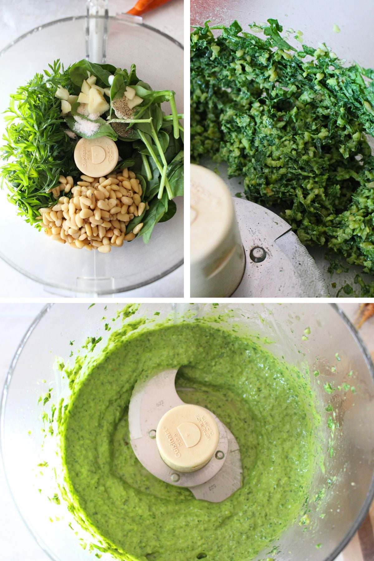 3 panel image of the process of making carrot top pesto in a food processor
