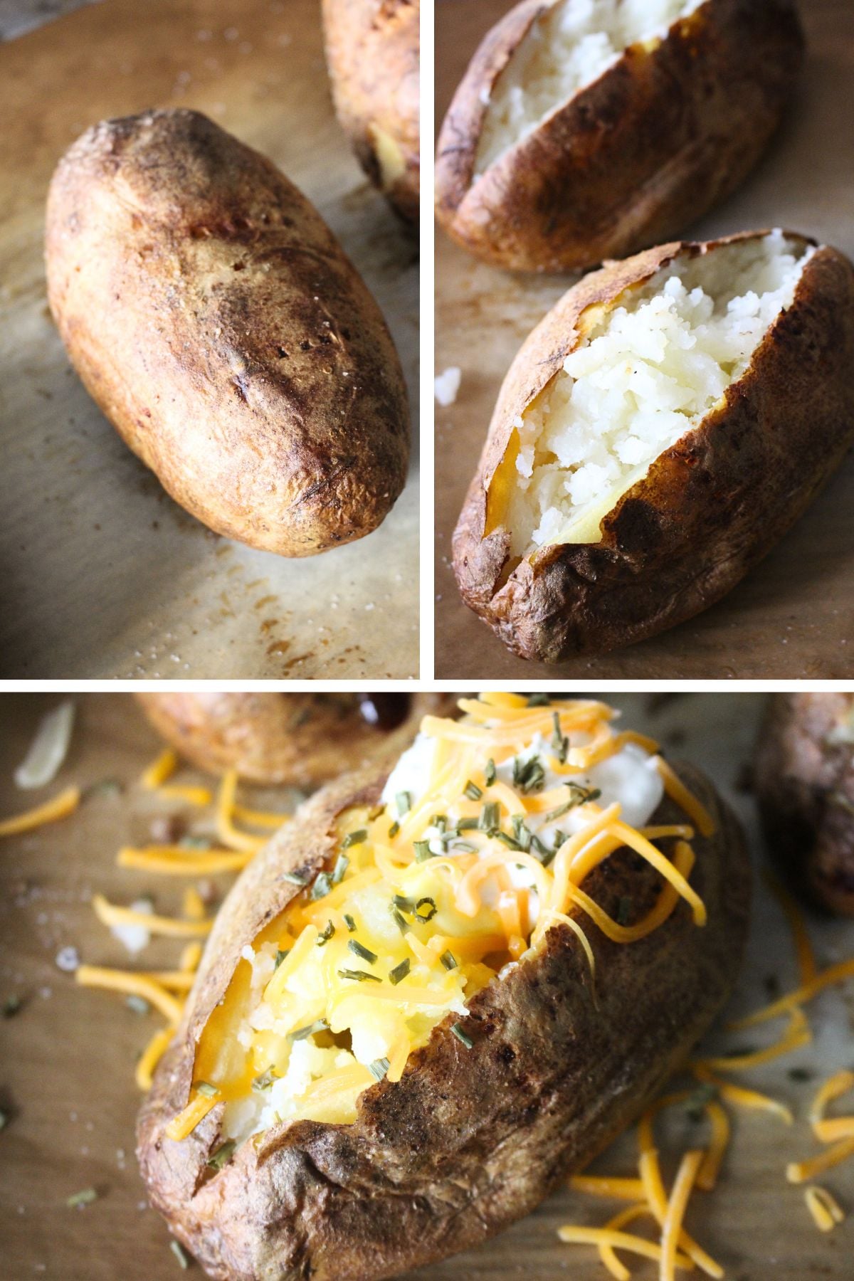 a 3 panel image of the process for finishing the oven baked potatoes. Including removing from the oven, cutting open, fluffing, and topping as desired.