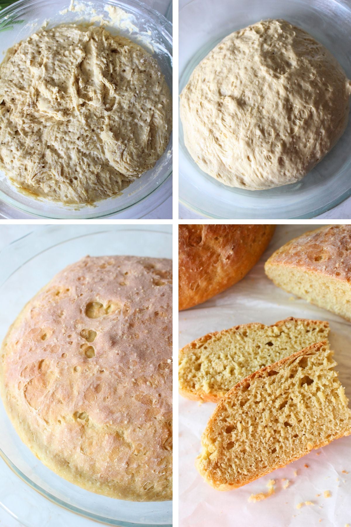 4 panel image showing the process of making einkorn peasant bread. Including mixing, shaping, baking, and slicing.