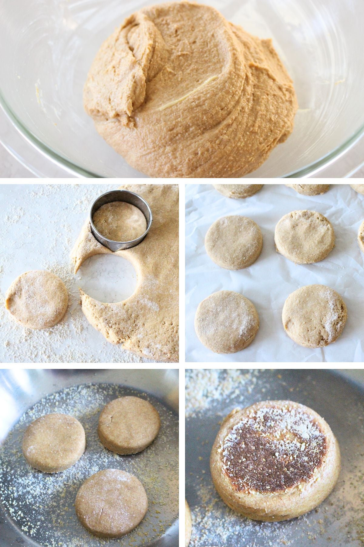 a 5 panel image of the processing of making homemade english muffins. Including the batter consistency, cutting out an rising the dough, then cooking and flipping it in a skillet. 