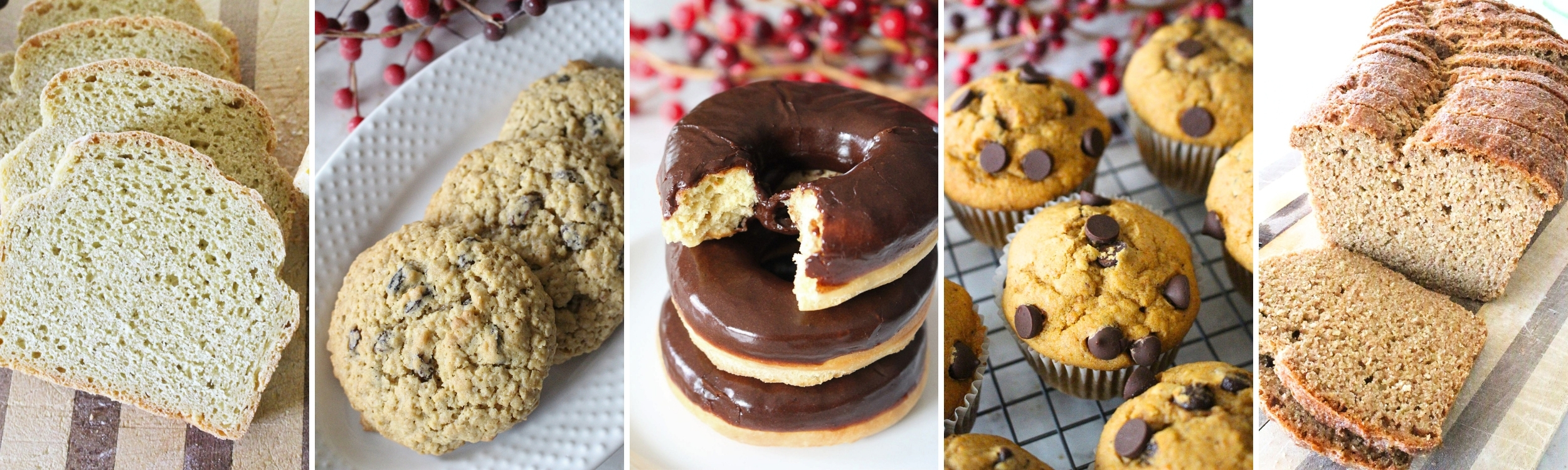 a 5 panel image with various recipes that have been converted to einkorn flour, including bread, cookies, donuts, and muffins
