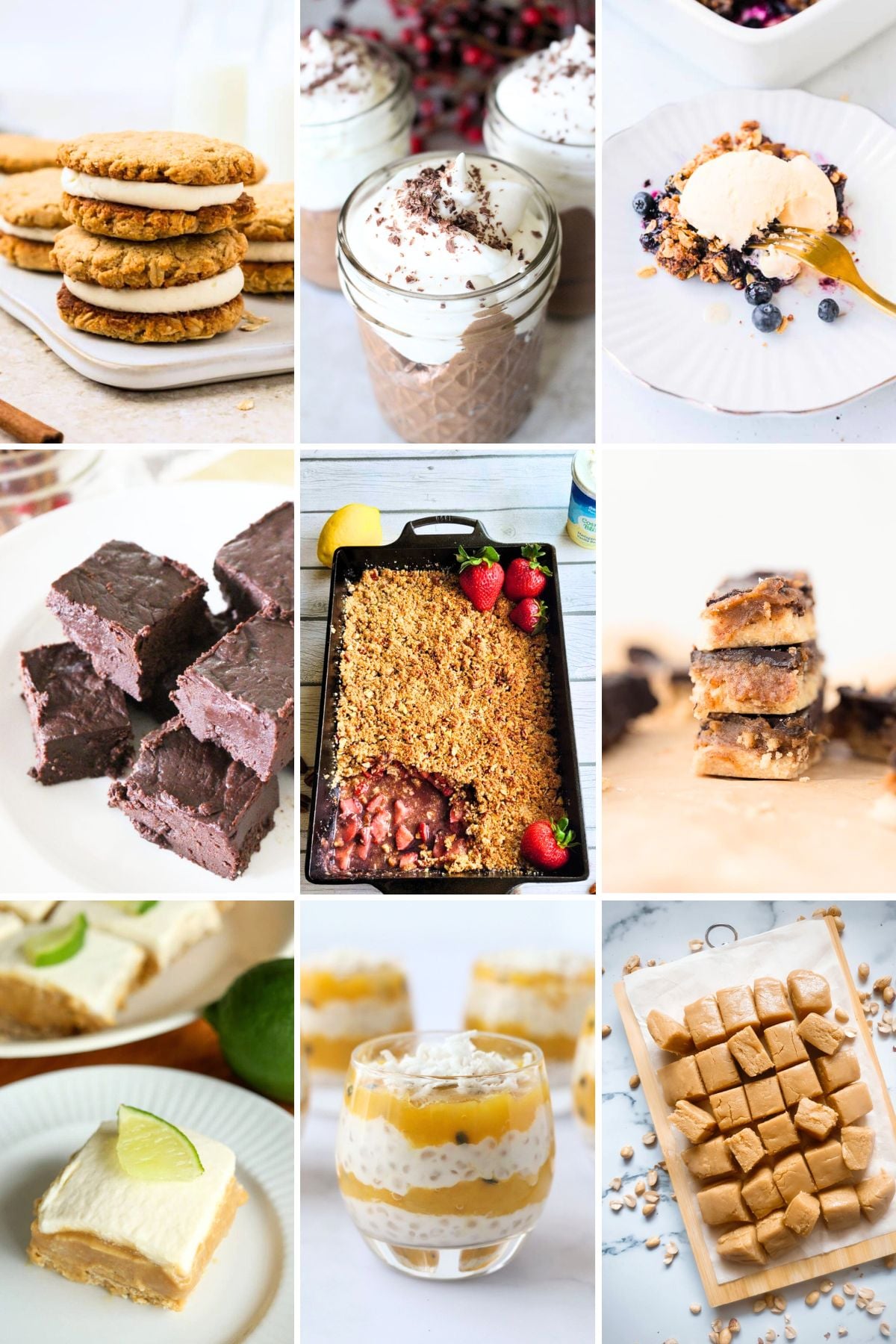 a 9 panel image featuring naturally sweetened desserts, such as oatmeal cream pies, chocolate mousse, blueberry peach cobbler, chocolate fudge, strawberry crumble, homemade twix bars, and more!
