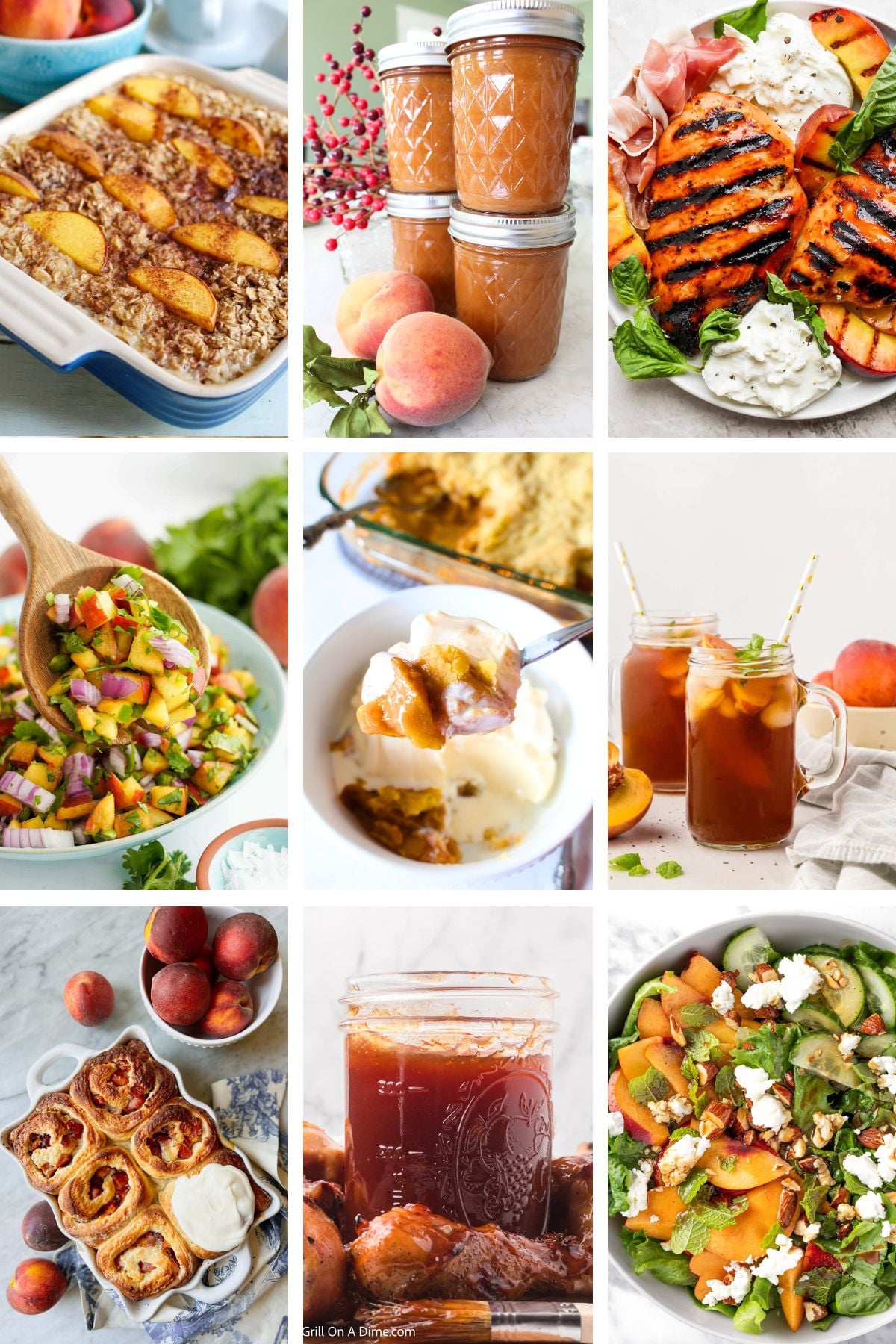 a 9 panel images with preview of various peach recipes, including peach oatmeal, peach jam, grilled peaches, peach salsa, peach cobbler, peach iced tea, and more