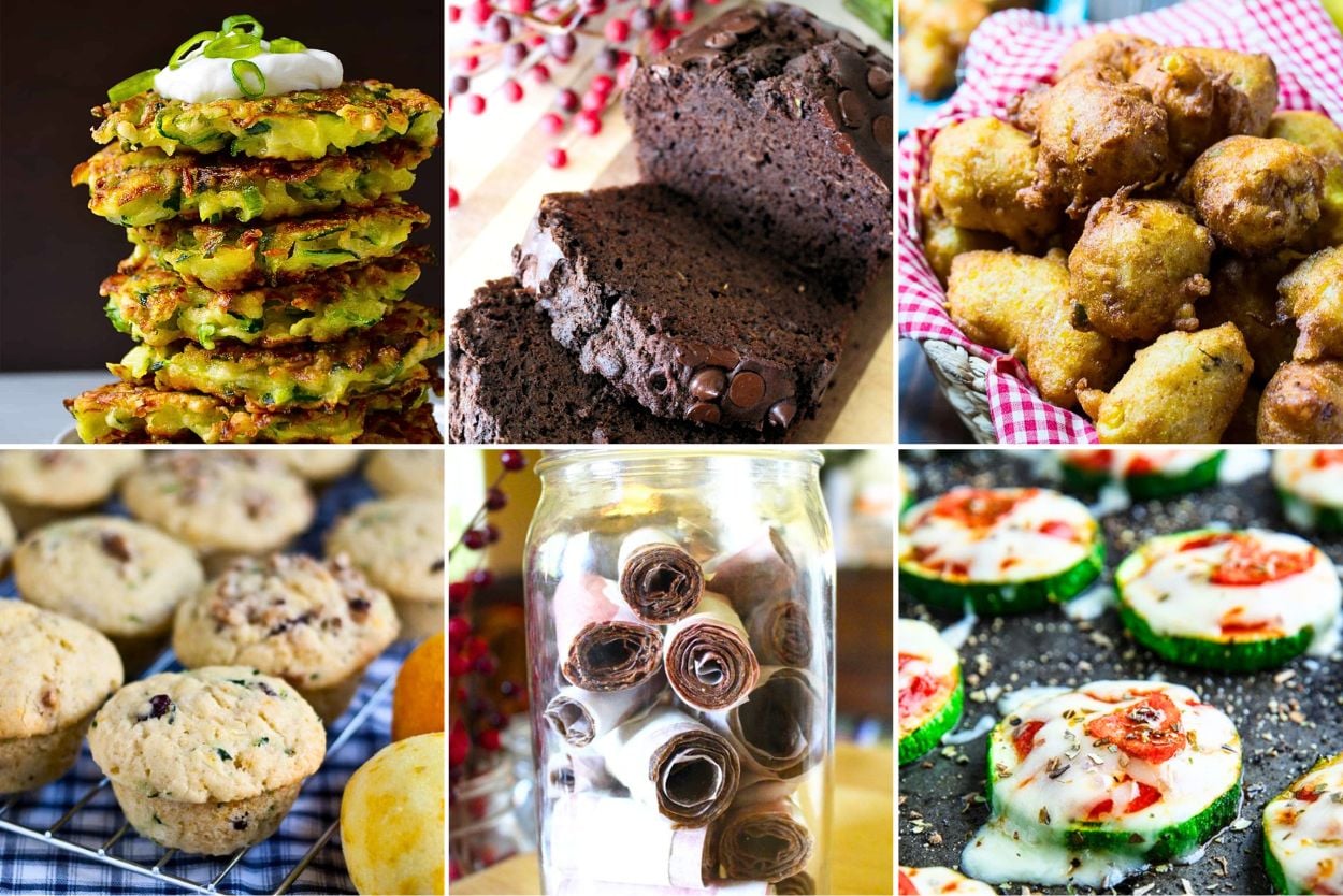 a 6 panel image with examples of recipes for using zucchini. Including zucchini fruit leather, zucchini citrus muffins, zucchini pizza bites, double chocolate zucchini bread, zucchini hush puppies, zucchini breakfast fritters