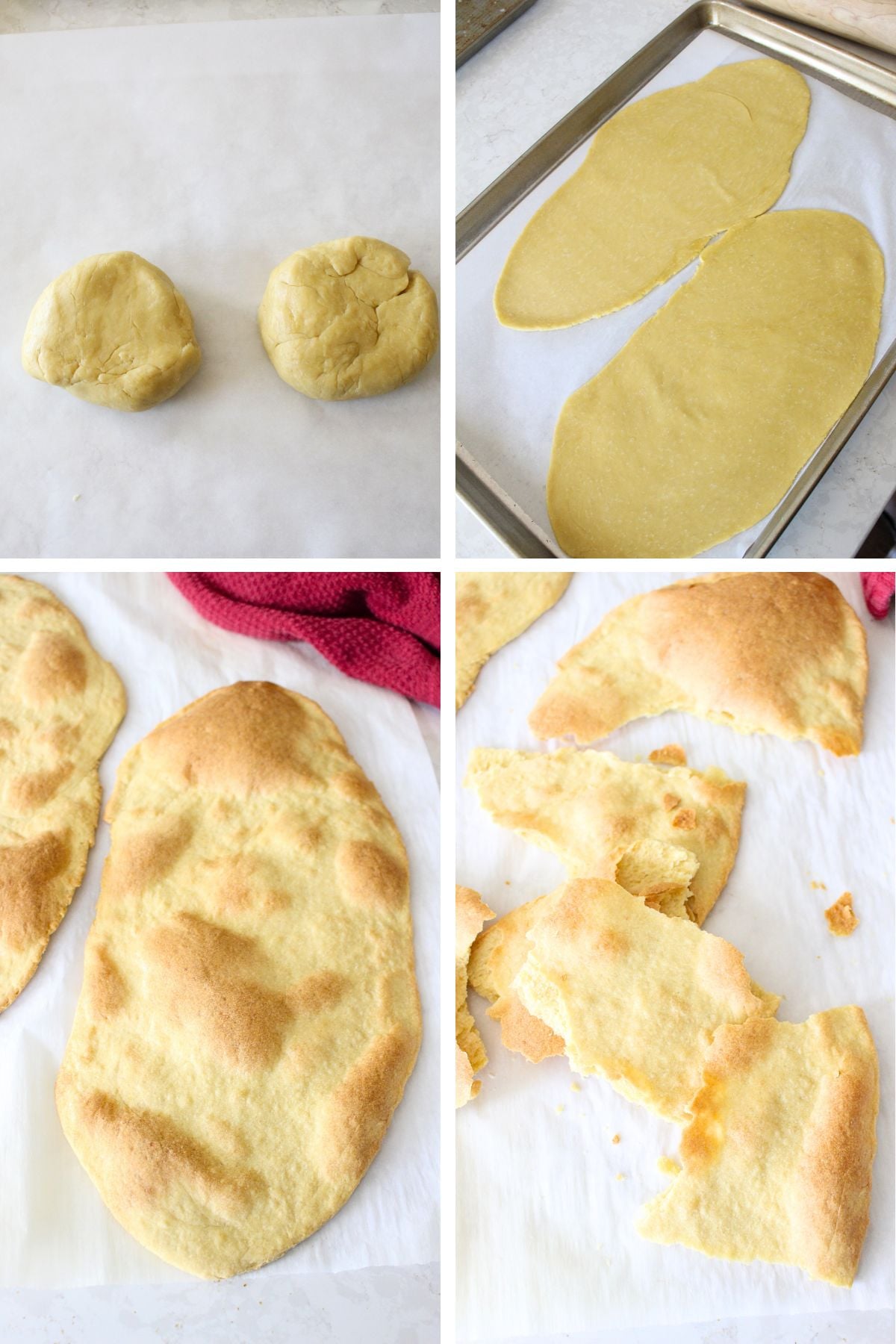 a 4 panel image showing the process of making unleavened bread from scratch, including the dough balls, rolls pieces, baked bread, and broken pieces.