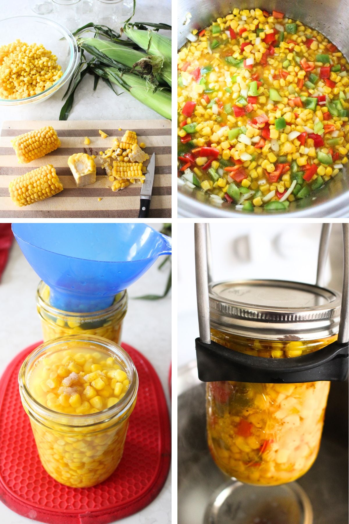 a 4 panel image of the process of making sweet corn relish, and canning it for later!