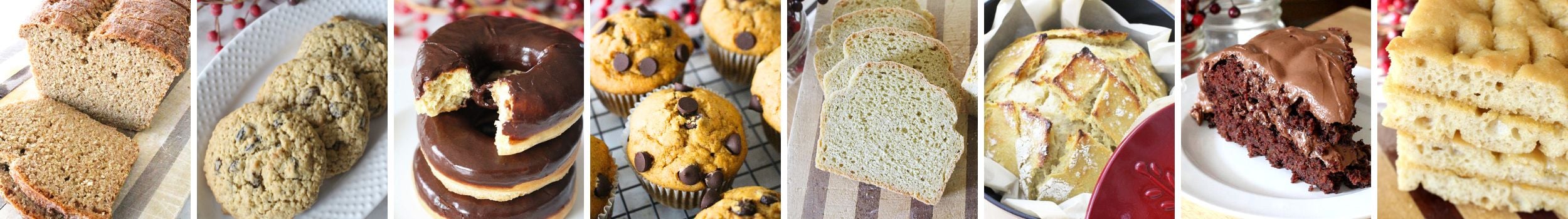 an 8 panel image with various recipes that have been converted to einkorn flour, including bread, cookies, donuts, and muffins