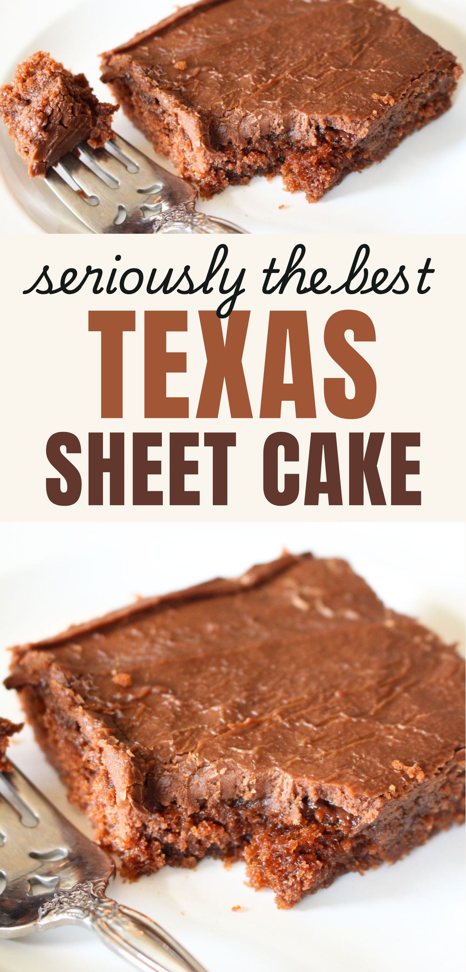 Finished slice of texas sheet cake on a white plate, a forkful has been removed and the fork with the bite are sitting beside the slice. a text overlay reads seriously the best texas sheet cake