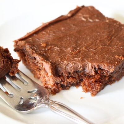 Finished slice of texas sheet cake on a white plate, a forkful has been removed and the fork with the bite are sitting beside the slice.