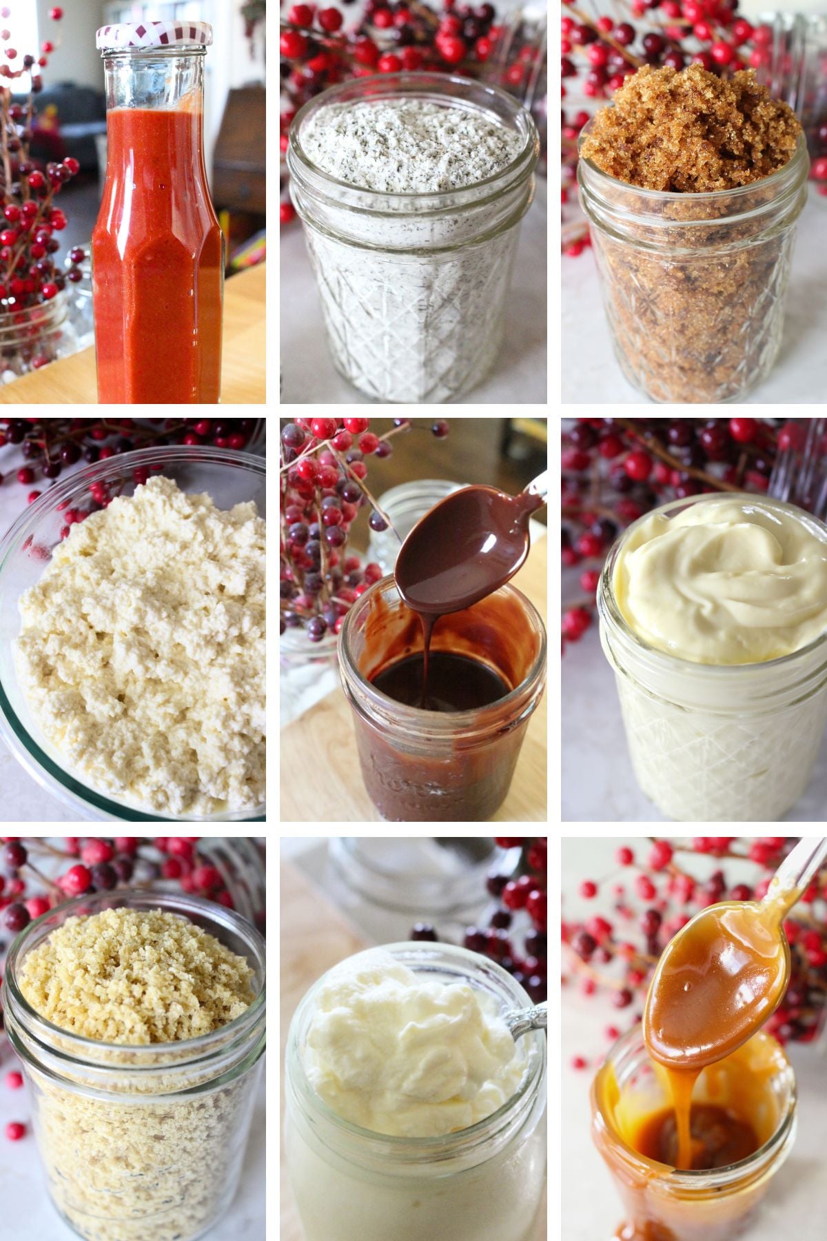 a 9 grid image with examples of some homemade pantry staples. Including ketchup, ranch seasoning, brown sugar, ricotta cheese, chocolate syrup, mayo, panko, yogurt, and caramel sauce.