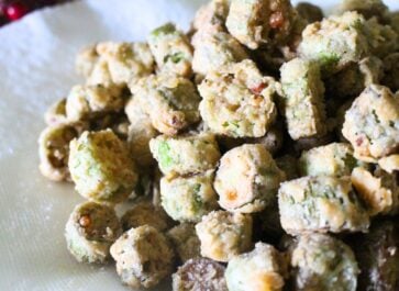 finished homemade fried okra on a white plate