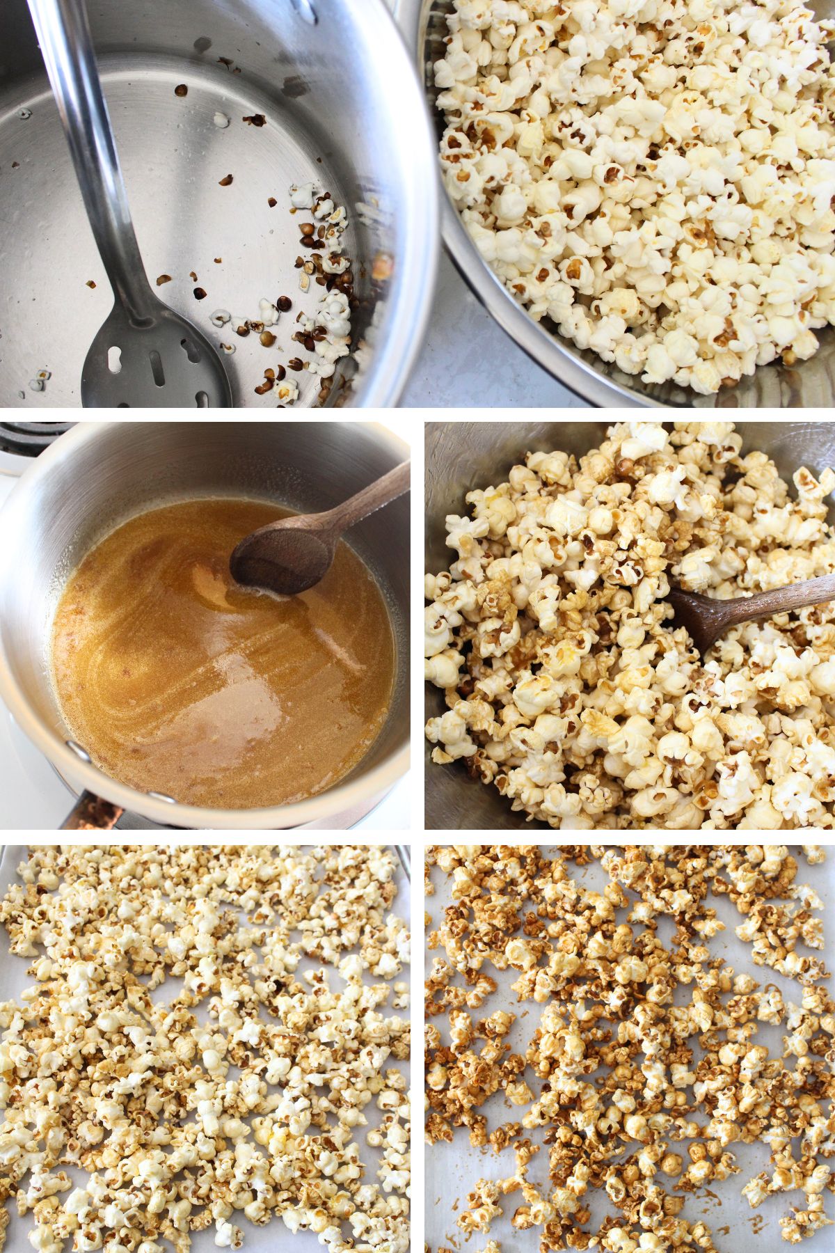 a 5 panel image of the process for making homemade caramel corn without corn syrup. Including popping and separating the popcorn, making the caramel, coating and baking the popcorn.
