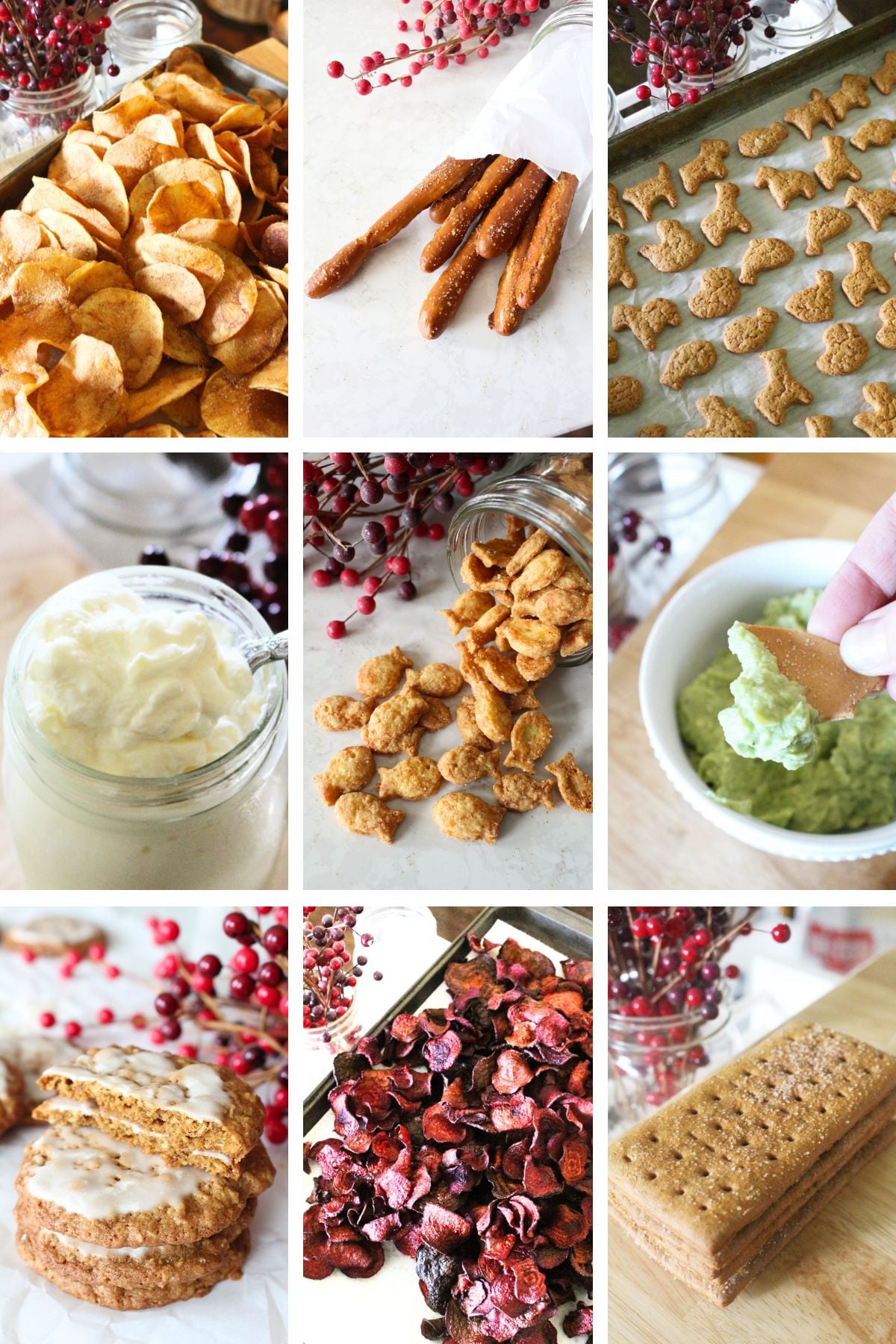 a 9 panel image with homemade lunch box snacks, including potato chips, pretzels, animal crackers, yogurt, goldfish, guacamole, iced oatmeal cookies, beet chips, and graham crackers.