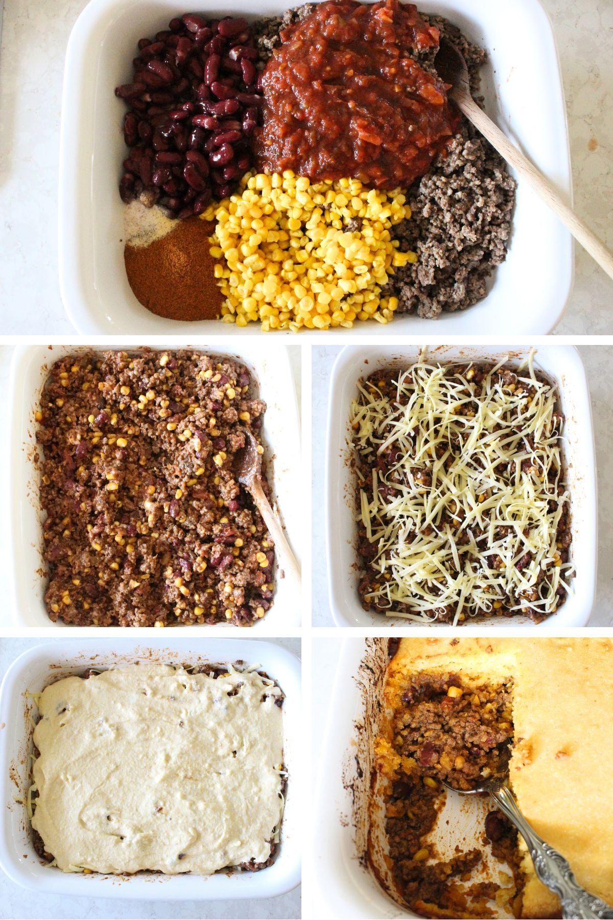 A 5 panel image showing the process of making cornbread cowboy casserole.