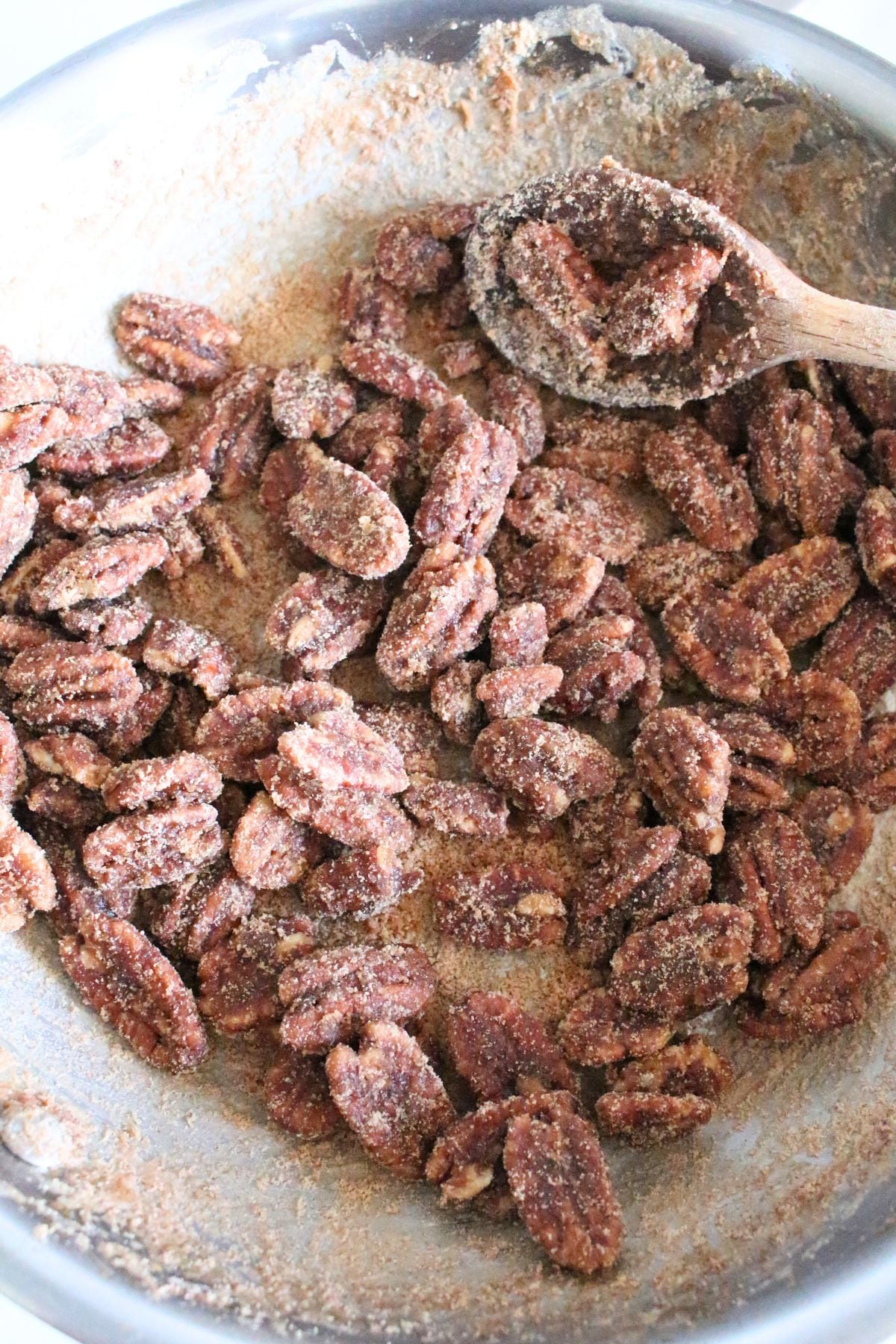 Finished Cinnamon sugar pecans in a skillet